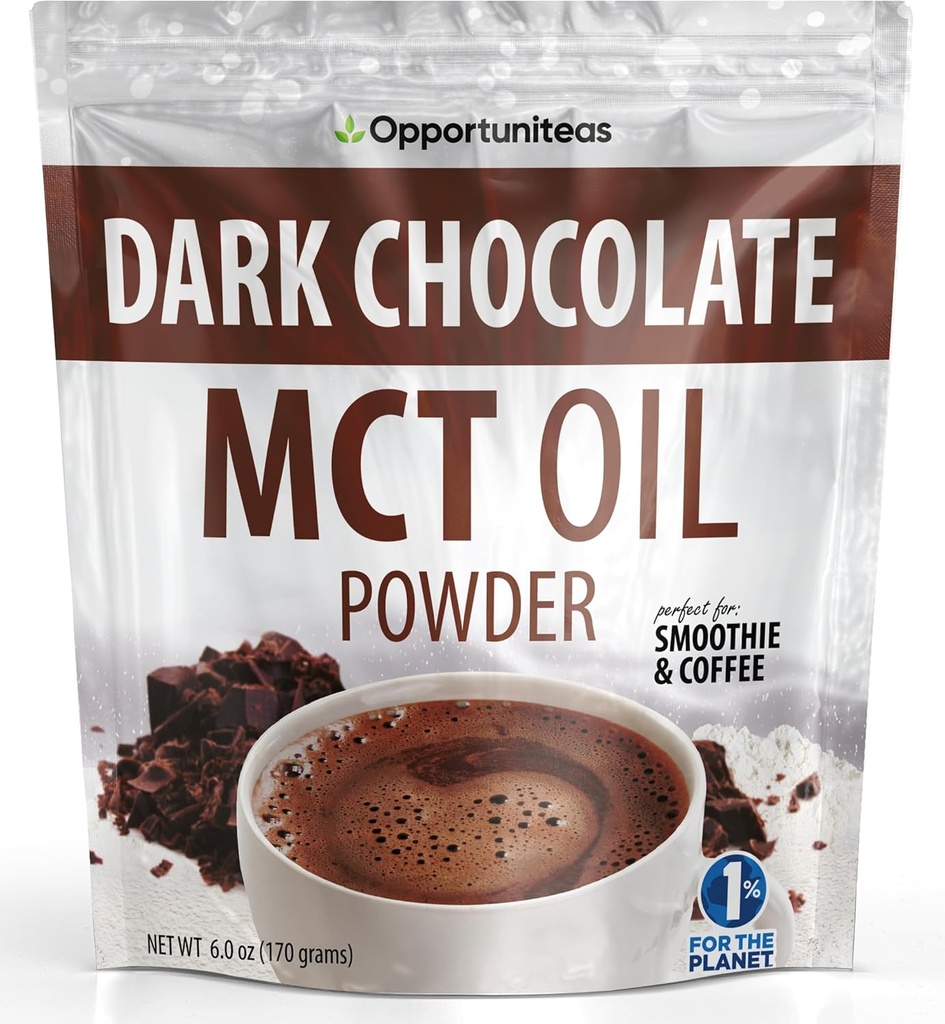 Opportuniteas Poudre d'huile MCT, crème kéto pour café, boissons et boissons, faible teneur en glucides Keto Friendly, Boost Energy&Mental Focus, supplément pour le régime kétogénique, sans gluten et non-OGM, chocolat noir 6 oz