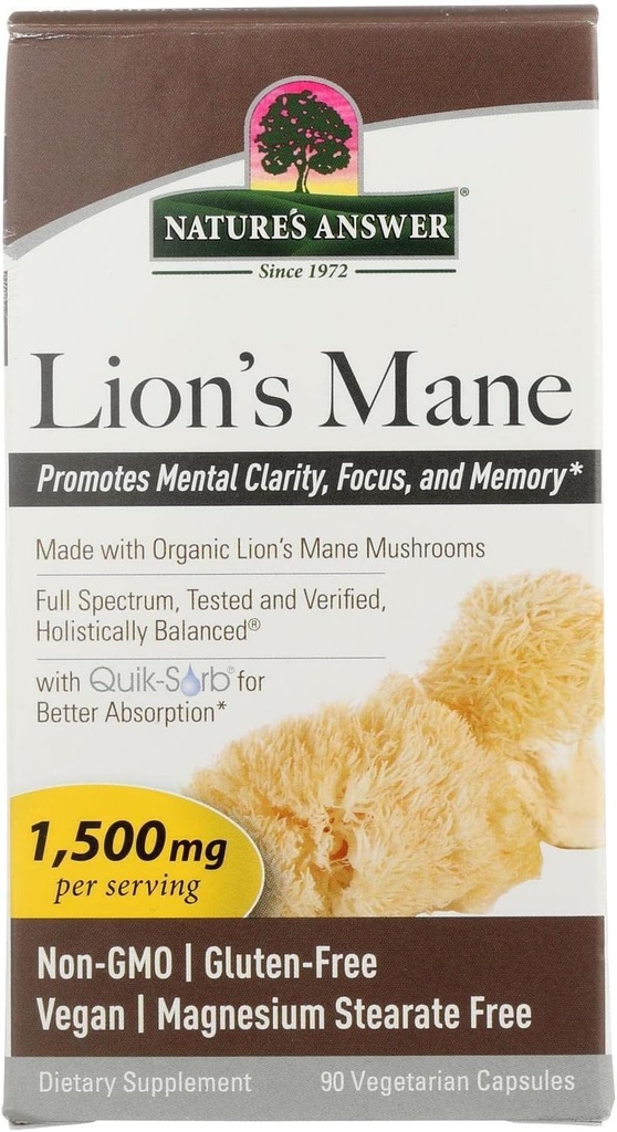 Lions Mane Mushroom Powder Capsules (1500mg) 90ct puissant Nootropic) Supplément de champignons du cerveau pour Focus, Mémoire, Clarté mentale. Pure Lion's Mane Mushroom Cerveau Booster Mémoire et pilules énergétiques