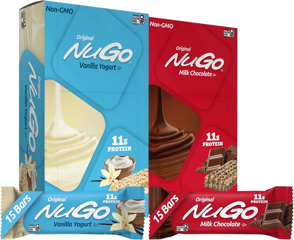 NuGo Original Variety, Vanilla Yogurt 15 bars & Chocolat 15 bars, 11g Protéines, Sans gluten, 30 Nombre
