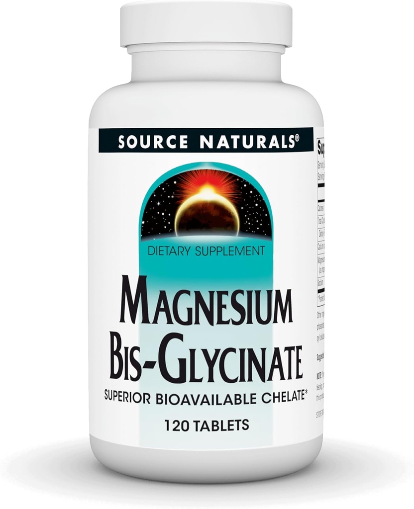 Source Naturals Magnésium Bis-Glycinate, Supérieur Biodisponible Chélalate*, Chélaté pour absorption accrue, 200 mg par portion - 120 comprimés