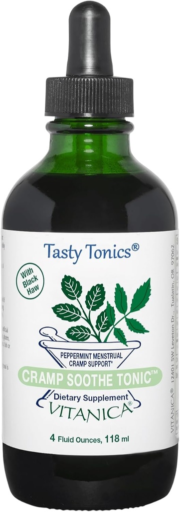 Vitanica Cramp Soothe Tonic, Dr Formulé Cramp Menstrual Support, avec Black Haw Bark, la racine valériane, la racine gingembre, et Garrya Herb, sans alcool, Vegan, 4 Once- Pro Logo