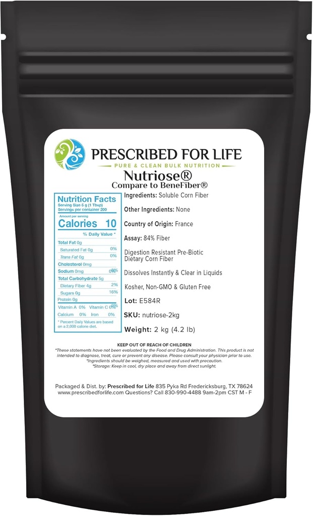 Poudre de nutriose prescrite pour la vie, supplément de fibre naturelle, fibre de maïs soluble prébiotique pour adultes, sans gluten, végétalien, non OGM (2kg / 4.4lb)