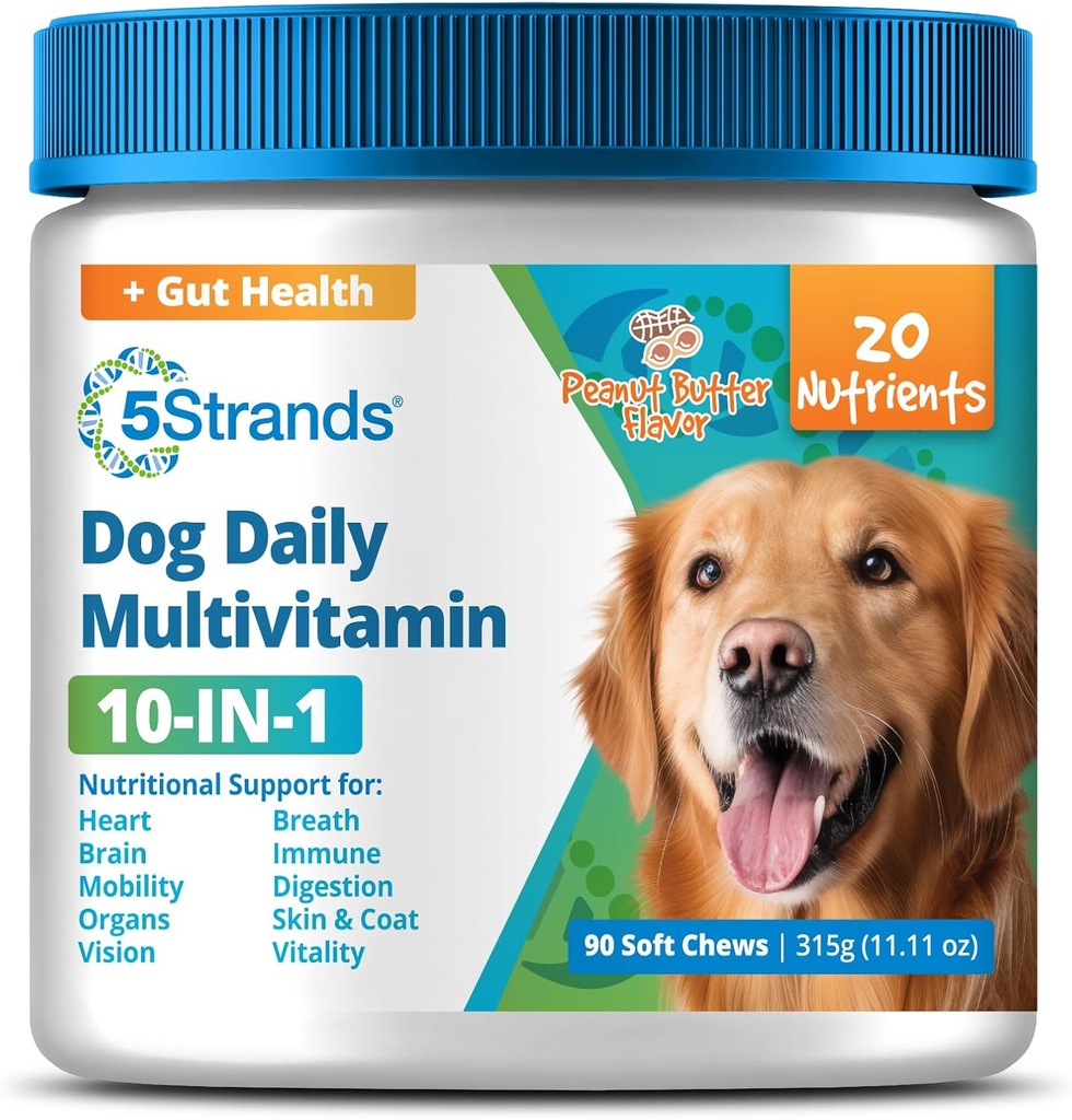 5Strands Chien Multivitamine Chews, 10-en-1, Vitamines et Postbiotiques, Tous âges et races - Digestion, Cerveau, Organes, Coeur, Mobilité, Vision, Peau et Coat, Immunité - Supplément de chien (Peanut Butter, 90ct)