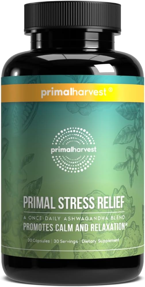 Primal Récolte Supplément anti-stress pour les femmes et les hommes Extrait de racine pur Ashwagandha, Suppléments L-Theanine, 30 Capsules