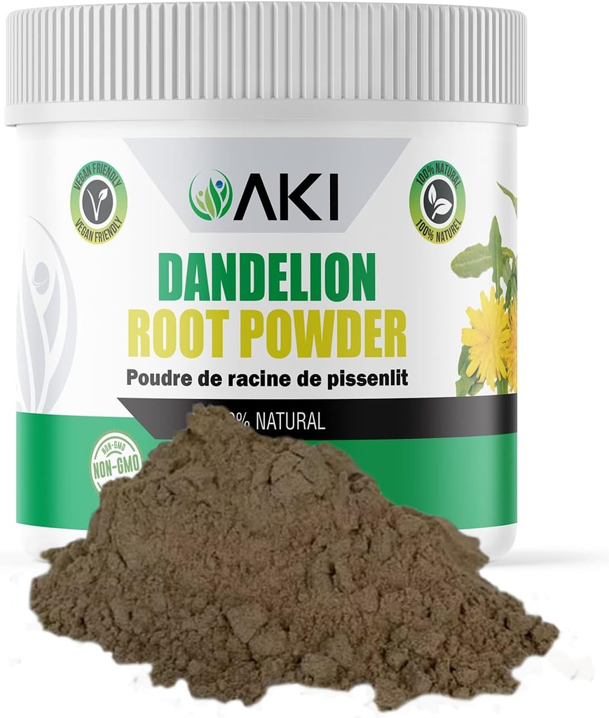 AKI Poudre de racine de dandelion - Idéal dans les vitamines et les antioxydants - peut aider à soutenir les immunes - sans gluten et sans sucre, non-OGM (5.30oz /150g)