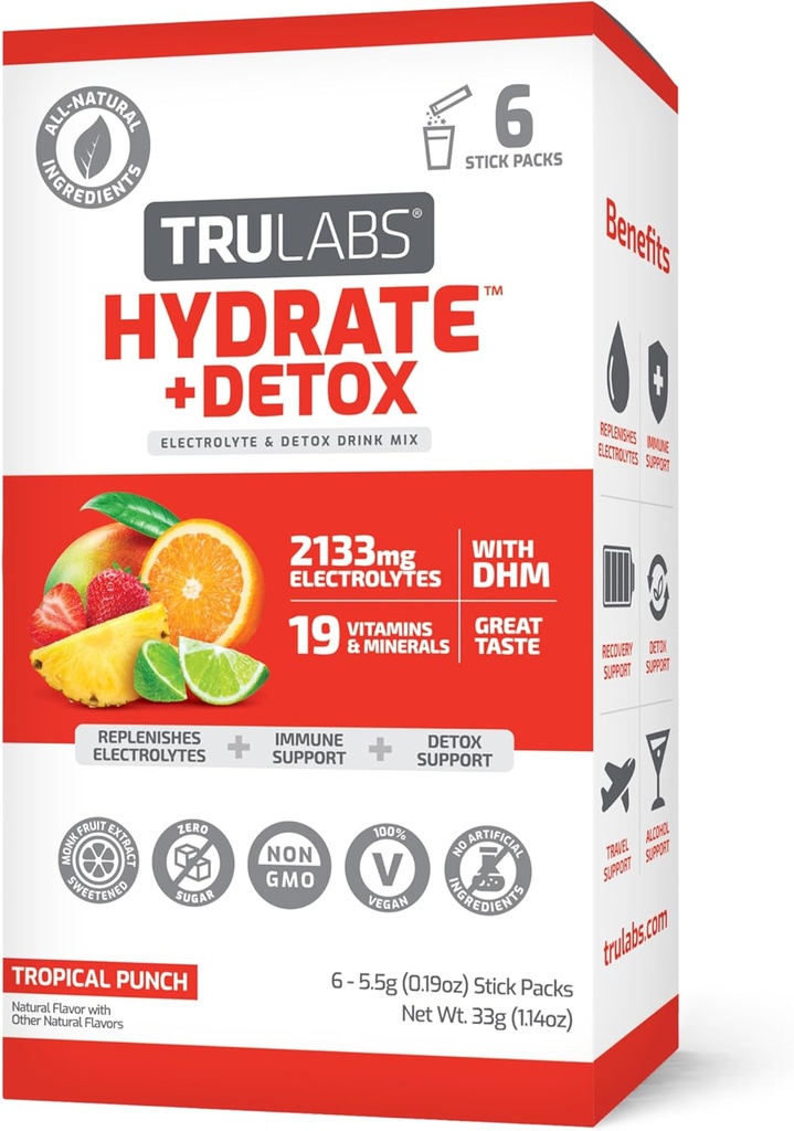 TRULABS Hydrate + Detox - Punch Tropical. Packets d'hydratation sans électrolytes. Chaque portion contient 1422 mg d'électrolytes et19 vitamines et minéraux et DHM (6ct)