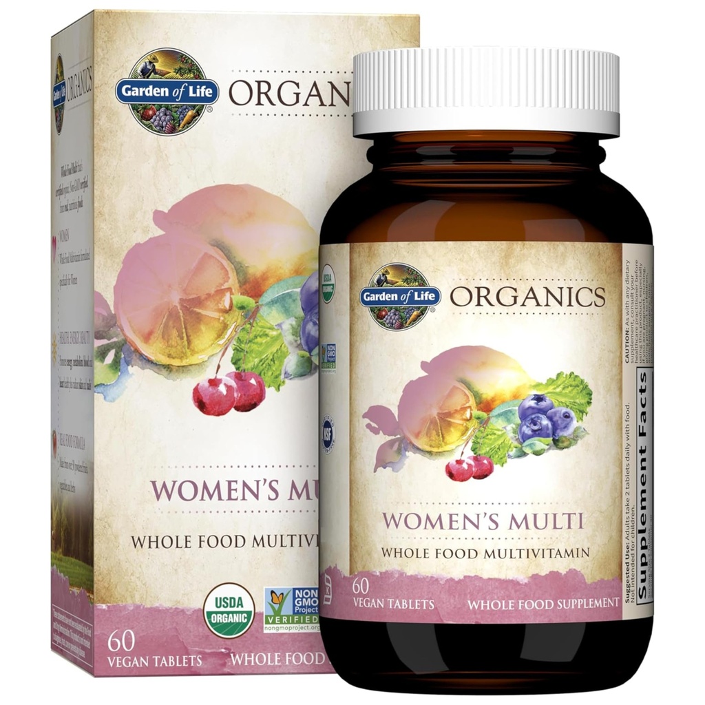 Jardin de la vie Organiques Multivitamines organiques pour les femmes - Femmes Multi avec Vitamine C, D, Folate, B6, B12, Biotine, Fer, Vitamines végétales entières pour les femmes, énergie, peau, ongles, 60 comprimés