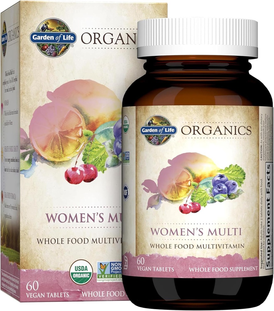 Jardin de la vie Organiques Multivitamines organiques pour les femmes - Femmes Multi avec Vitamine C, D, Folate, B6, B12, Biotine, Fer, Vitamines végétales entières pour les femmes, énergie, peau, ongles, 60 comprimés