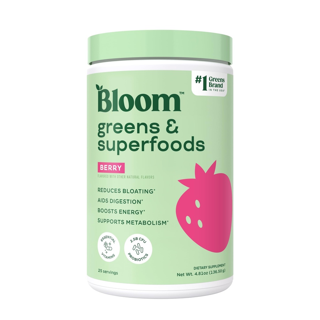 Bloom Nutrition Superfood Greens Poudre, Enzymes digestifs avec probiotiques et prébiotiques, Gut Health, Bloating Relief pour les femmes, Chlorella, Mélange de jus vert avec poudre de racine de betterave, 25 SVG, Berry