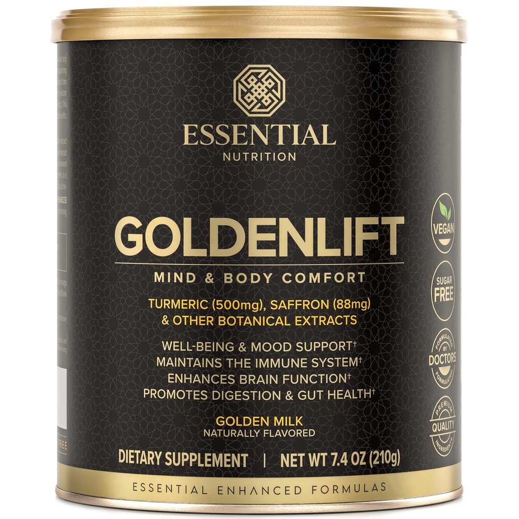 Essential Nutrition Golden Lift - supplément de lait d'or - Vegan - avec curcuma, safran, cannelle, Cayenne et poivre noir Extraits normalisés - Confort mental et corporel - 7,4 oz (30 portions)
