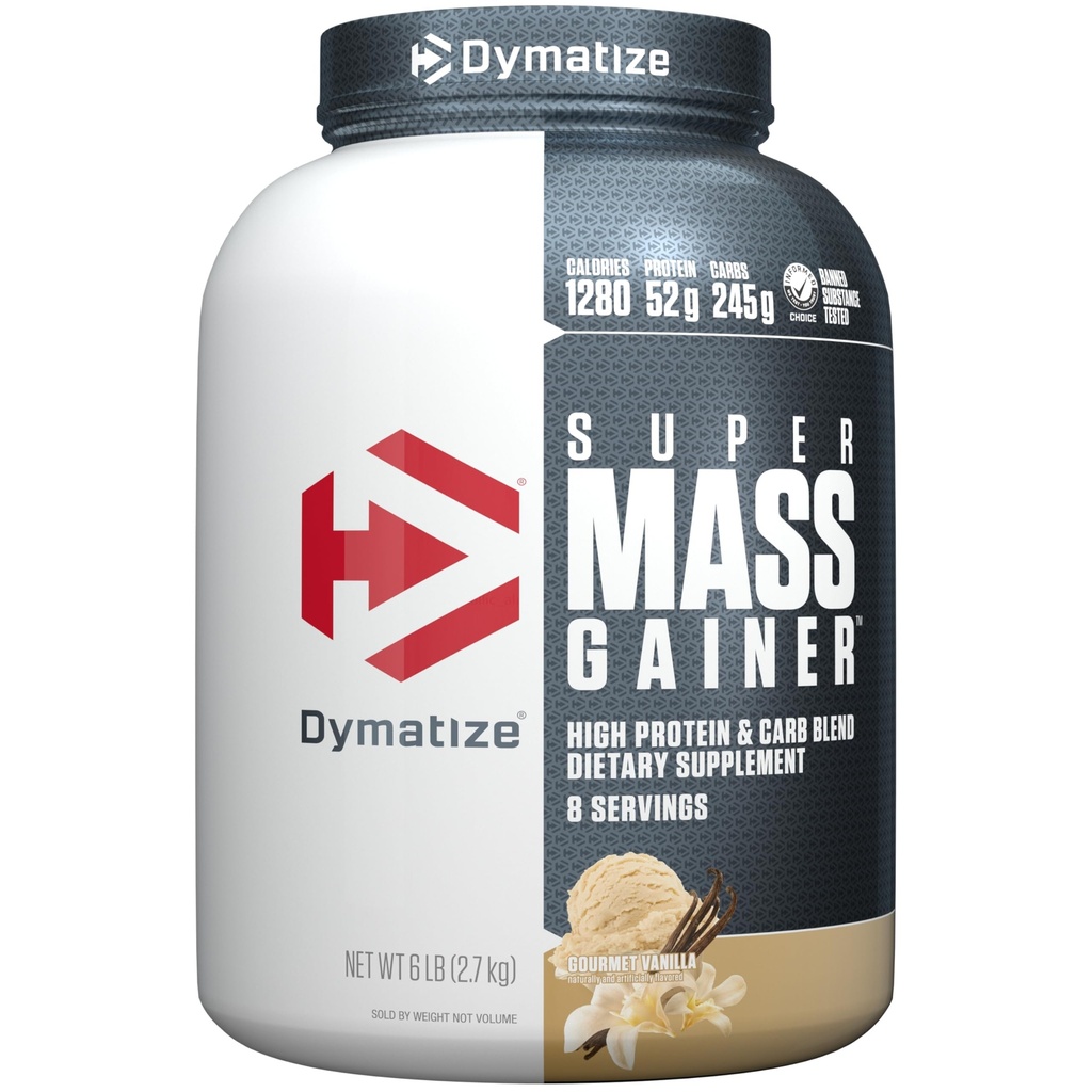 Dymatiser la poudre de protéines Super Mass Gainer, Vanille Gourmande, 52g Protéines, 1g Créatine, 1280 Calories, 10,7g BCAA, 245g Carbes, contient de la poudre de protéines de lactosérum, de l'isolat et de la caséine (8 portions)