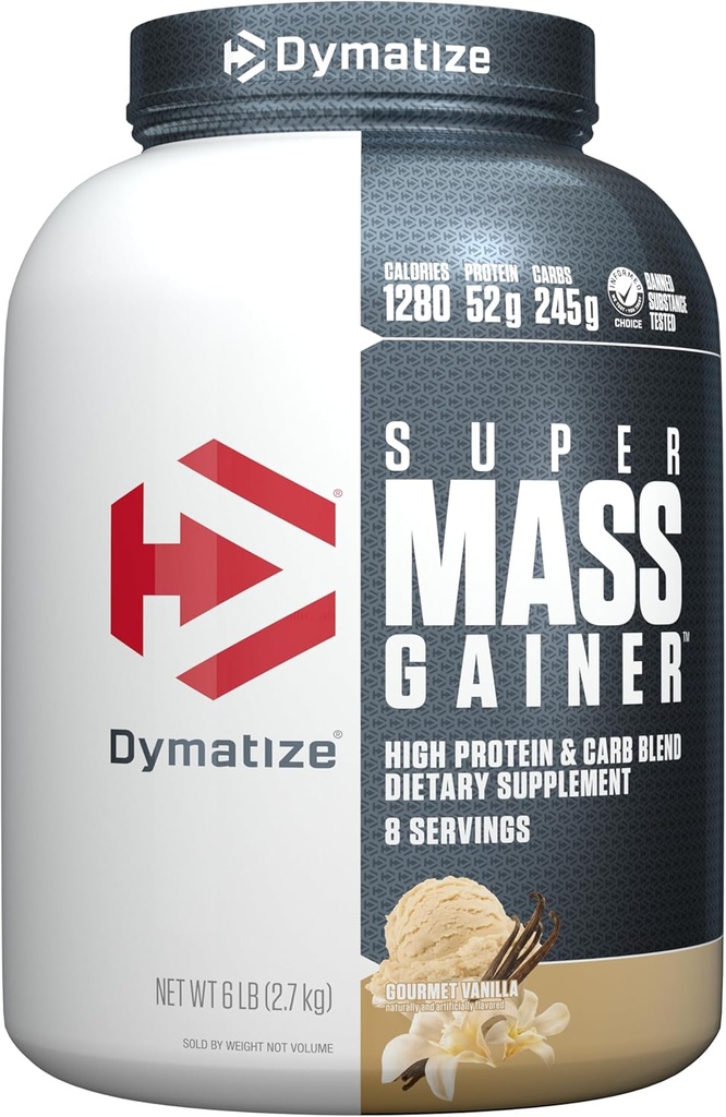 Dymatize Poudre de protéines Super Mass Gainer, Vanille Gourmande, 52g Protéines, 1g Créatine, 1280 Calories, 10,7g BCAA, 245g Carbes, contient de la poudre de protéines de lactosérum, de l'isolat et de la caséine (8 portions)