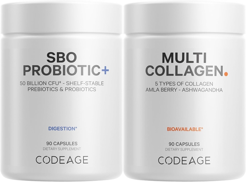 Codeage Multi Collagen Protein Capsules 5 Types, Ashwagandha Withania Somnifera & Organic Amla Berry + SBO Probiotic Blend 50 Million CFU Bundle, Lactobacillus Plantarum, Bacillus Subtilis, Non-OGM