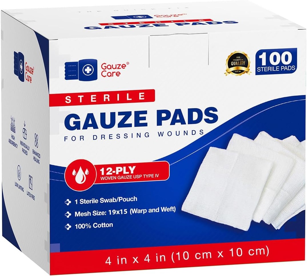 100pc Grandes éponges de gauze stériles 4x4 Sterile pour les plaies en vrac - 12plis Éponges de gauze tissées 4x4 Sterile - USP IV Respirant Mesh 4x4 Sterile pour l'absorption améliorée - Premiers soins médicaux