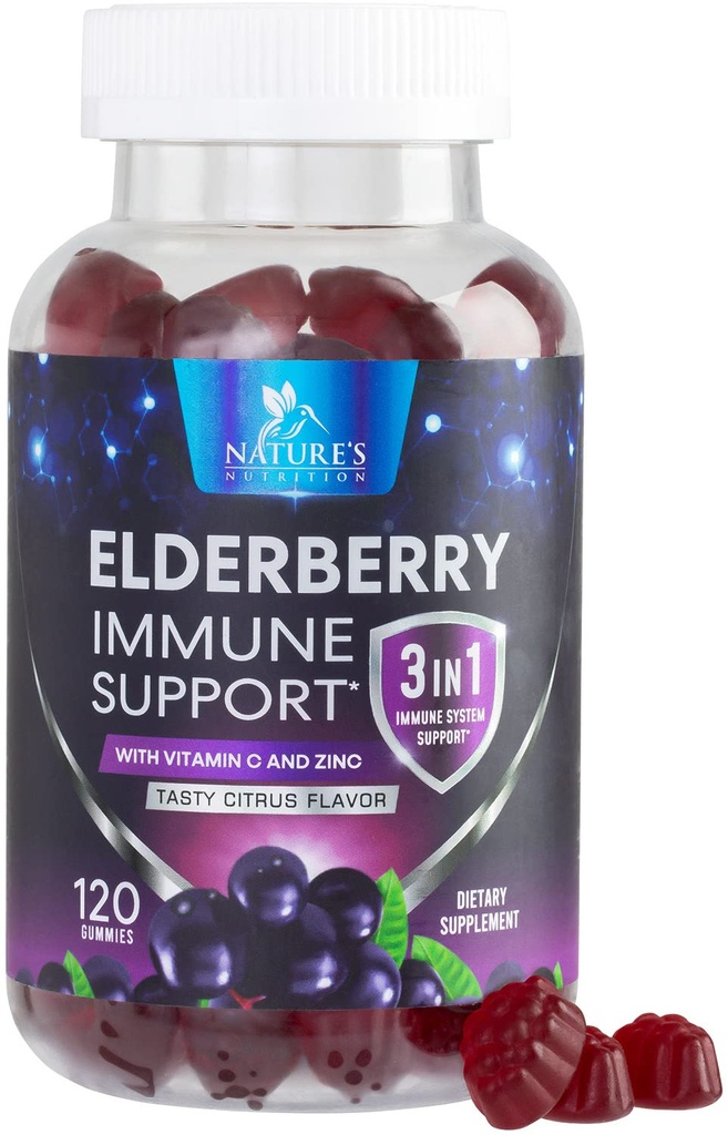 Gommies de baies aînées avec vitamine C, D3 et zinc - Immune Support Gommy pour les enfants et les adultes, Black Elderberry Extract Gommy Immune Health Support Supplément, Black Elder Berry Vitamine - 120 Gommies