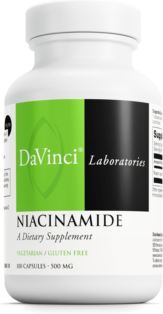 DaVinci Labs Niacinamide - Supplément alimentaire avec vitamine B3 pour soutenir la circulation et une peau saine* - Avec 500 mg de Niacinamide par portion - Sans gluten - 100 capsules végétariennes