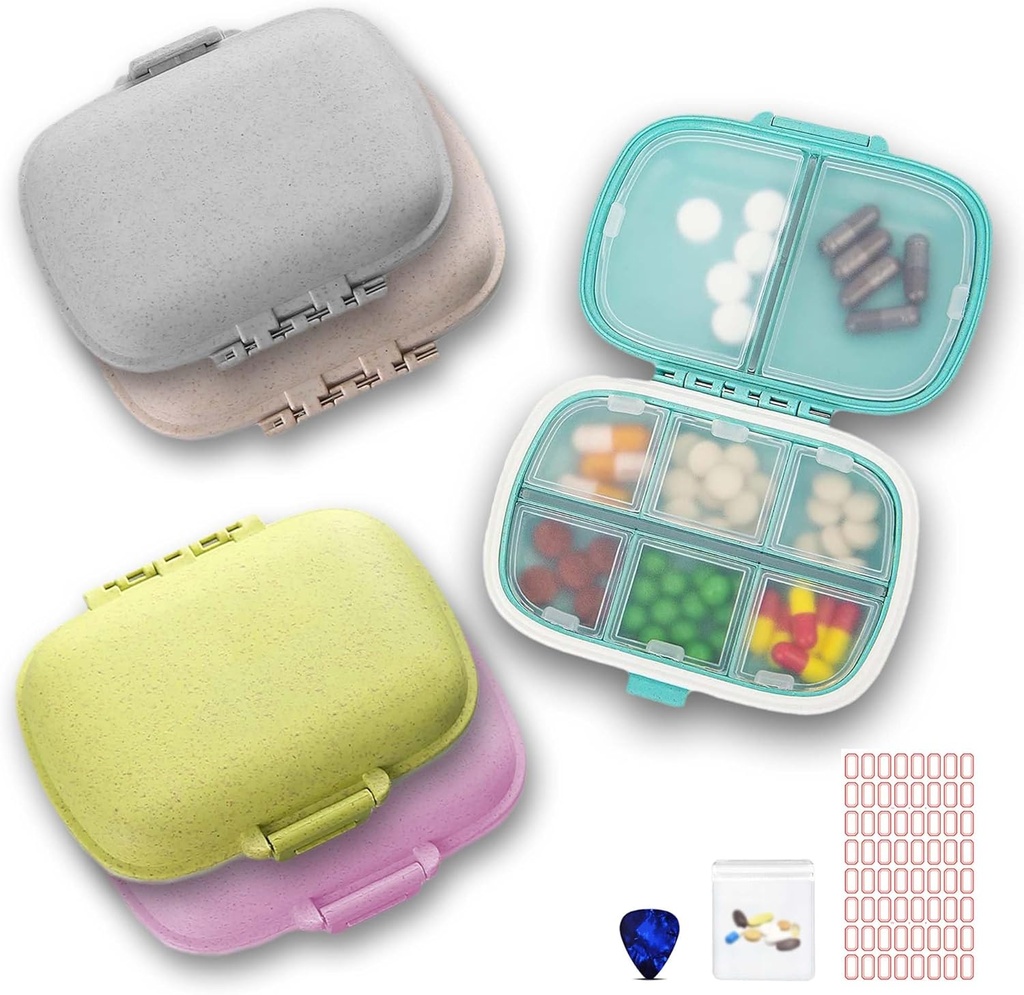 [5 Pack] Organisateur de pilules de voyage 8 compartiments Facile à ouvrir Couvercle Portable Pill Case Daily Pill Organizer Hydraure Proof Small Pill Box for Pocket (Blue+Gray+Pink+Khaki+Green)
