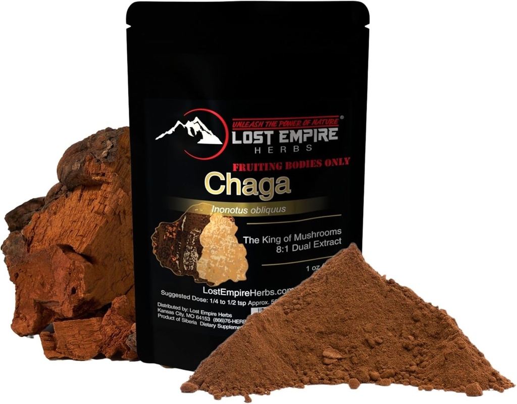 Lost Empire Herbs Chaga (Inonotus Obliquus) Poudre de champignons biologique 8:1 double extrait de champignons réels pas Mycelium