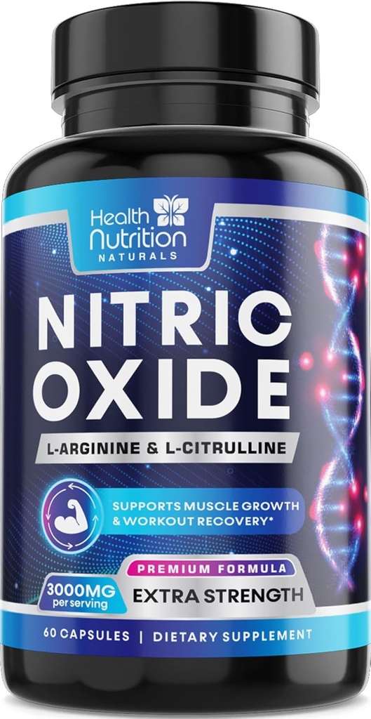 Extra Strength Nitric Oxide Booster 3000mg - 3X L-Araginine AKG & HCI + L-Citrulline Malate - Meilleur complément nitrique pour soutenir les muscles - Énergie naturelle, Heart Health Support mis en bouteille USA - 60 Capsules