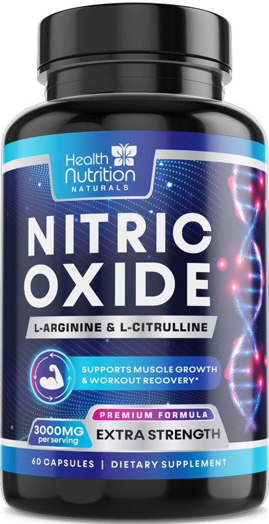 Extra Strength Nitric Oxide Booster 3000mg - 3X L-Araginine AKG & HCI + L-Citrulline Malate - Meilleur complément nitrique pour soutenir les muscles - Énergie naturelle, Heart Health Support mis en bouteille USA - 60 Capsules