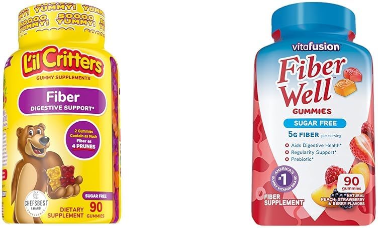 Supplément Gummy quotidien pour les enfants, pour le soutien digestif et la fibre de Vitafusion bien supplément de fibre sans sucre, pêche, fraise et BlackBerry, 90 comte