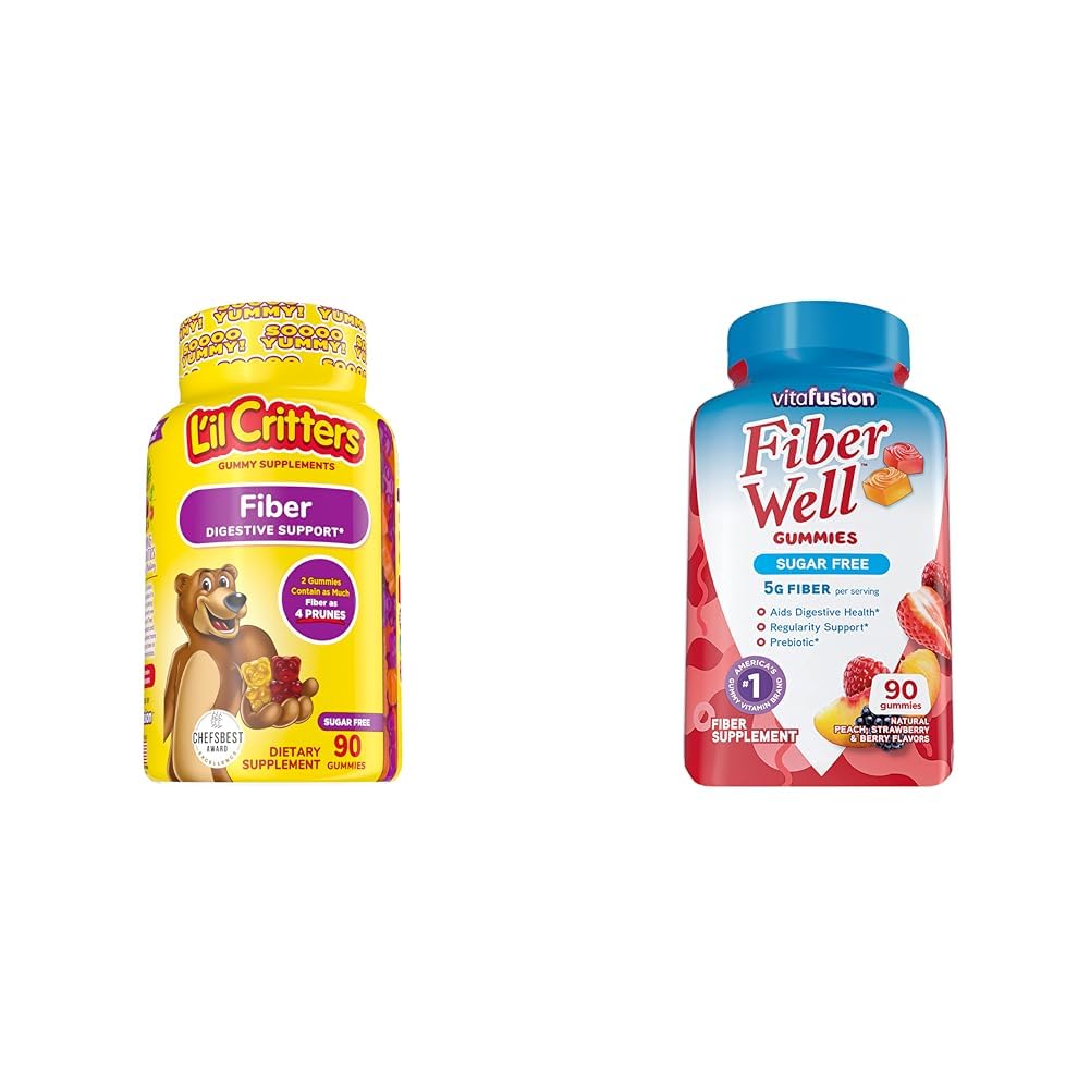 Supplément Gummy quotidien pour les enfants, pour le soutien digestif et la fibre de Vitafusion bien supplément de fibre sans sucre, pêche, fraise et BlackBerry, 90 comte