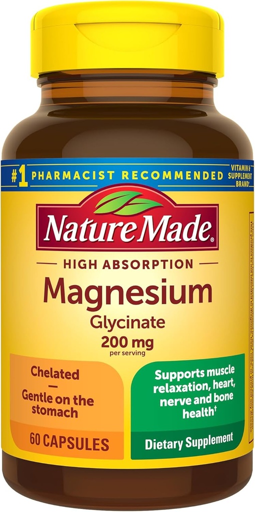 Nature Made Magnesium Glycinate 200 mg per Serving, Magnesium Supplement for Muscle, Heart, Nerve and Bone Support, 60 Magnesium Bisglycinate Capsules, 30 Day Supply