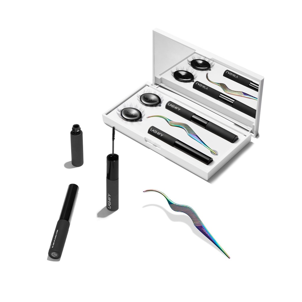 Kit de contrôle de laashify - Set de démarrage bricolage complet de lash - Amplifier Gossamer noir 10mm, 12mm, étui de voyage blanc, petite baguette