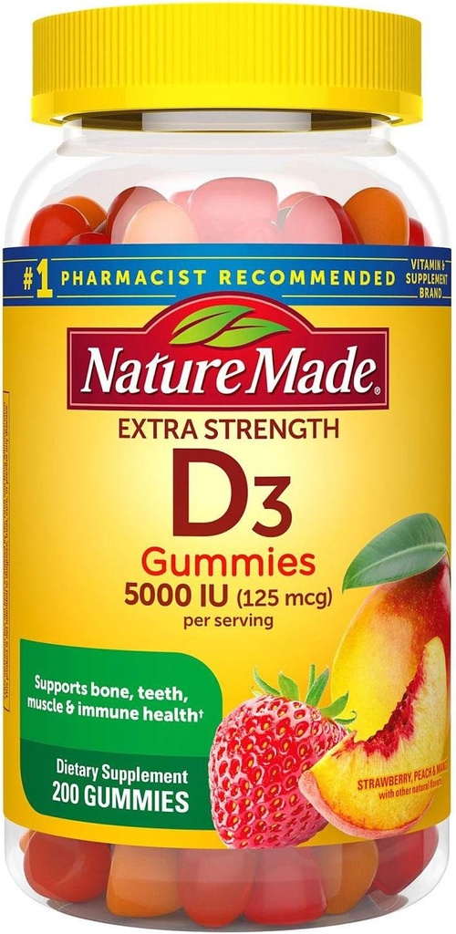Nature faite extra-résistance vitamine D3 5000 UI (125 mcg) Gummies (200 Nombre)