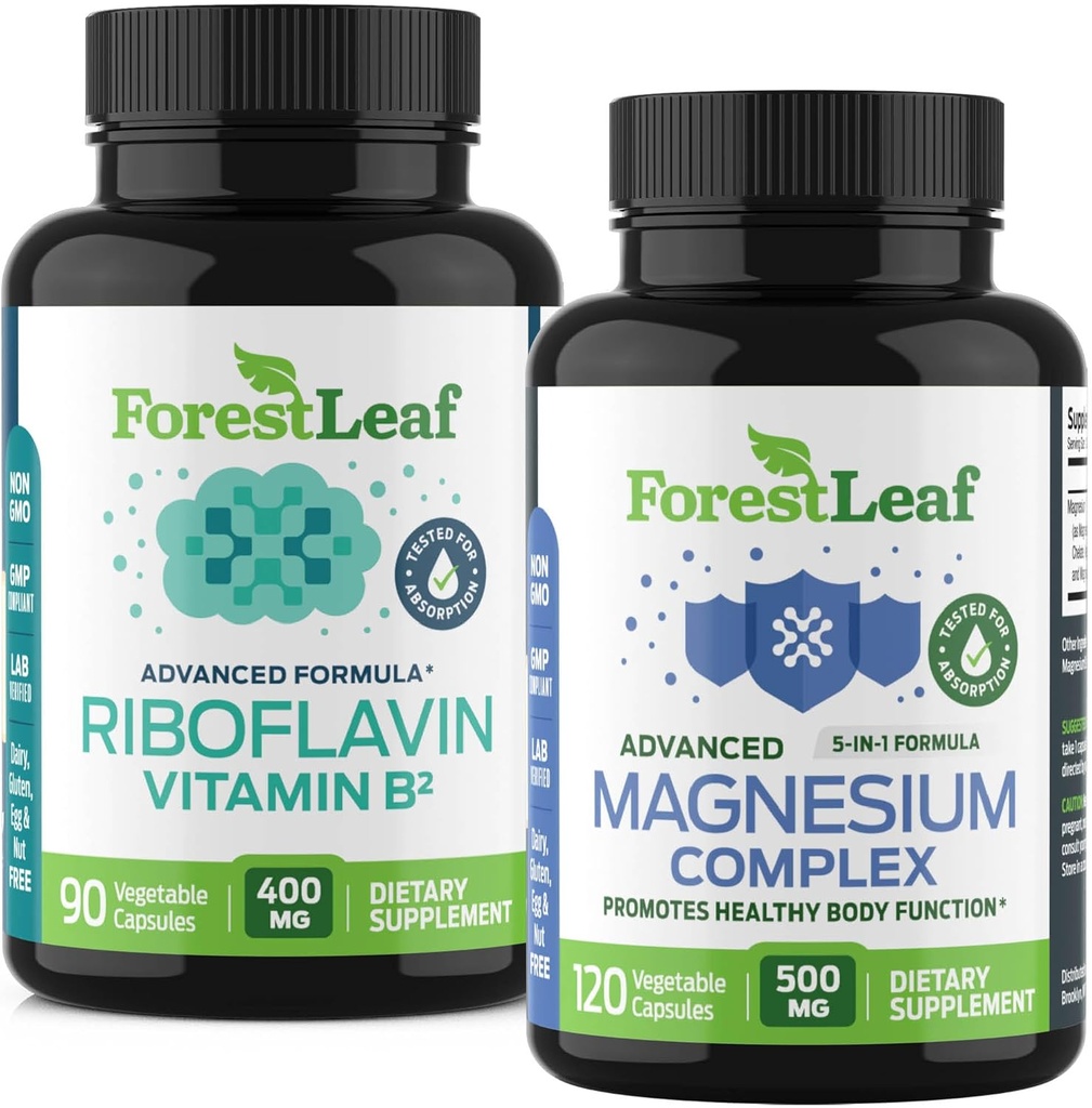 ForestLeaf Riboflavin & Supplément de migraine de magnésium - Riboflavin 400mg pour le soulagement des maux de tête - Ultimate Magnesium Bundle avec B2 Vitamine 400mg pour le soulagement des migraines