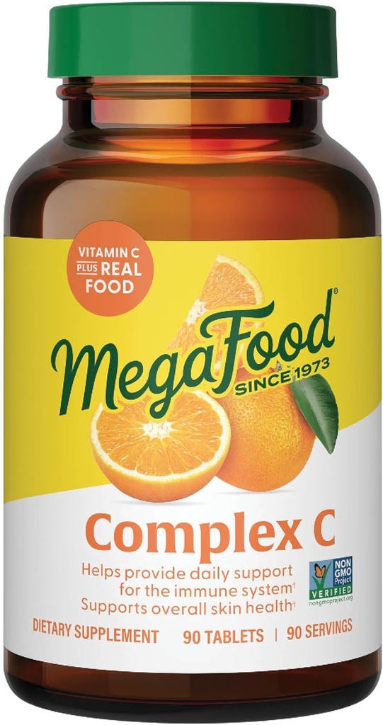 MegaFood Complex C - Supplément de soutien immunitaire végétalien avec vitamine C 250 mg, fabriqué avec des aliments réels incluant le riz orange, canneberge et brun, sans gluten, casher - 90 comprimés, 90 portions