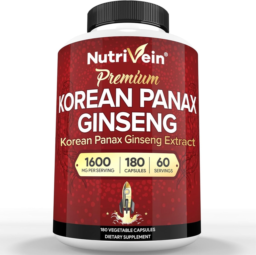 Nutrivein Coréen Rouge Panax Ginseng 1600mg – Formule Extra Streng – 180 Capsules – Boost Energy, Mental Focus & Immmune Health Naturellement