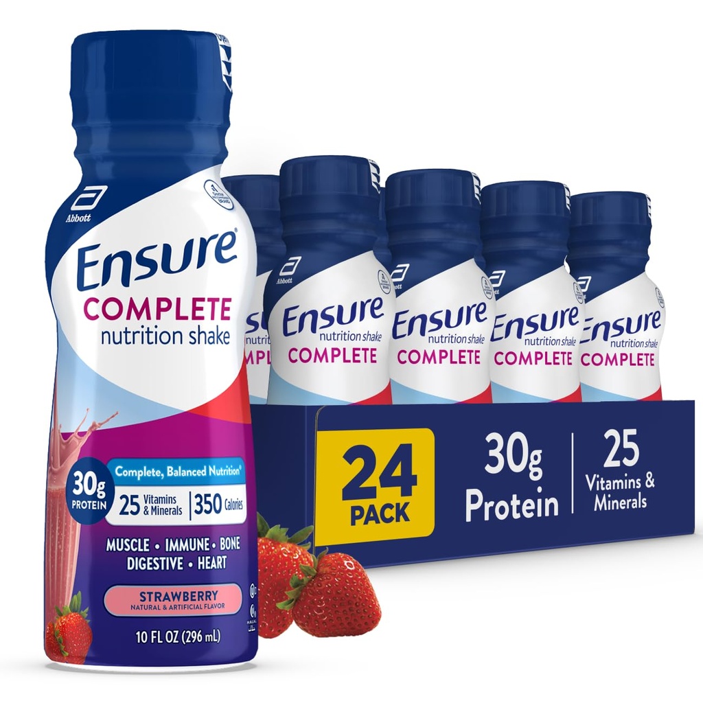Ensure complete Strawberry Nutrition Shake, Complete, Balanced Meal Replacement, Ready to Drink, 30g Protein, 25 Vitamins & Minerals, 10 fl oz—24 Pack
