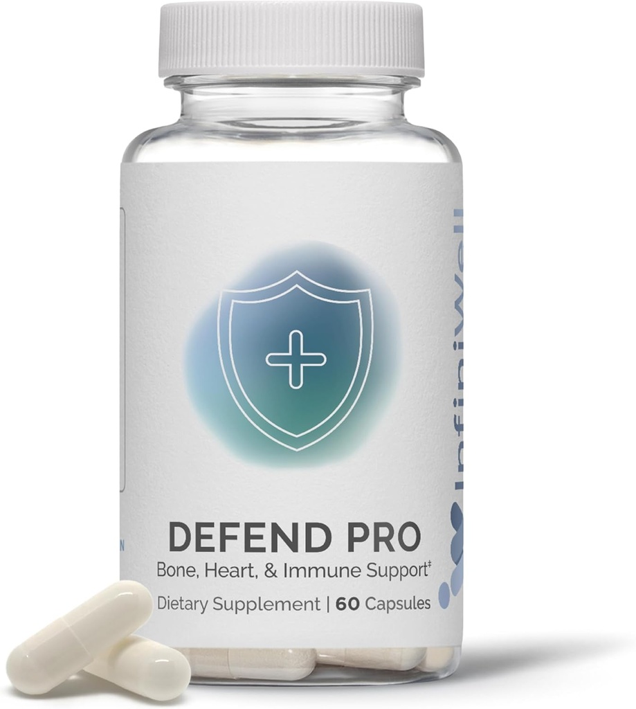 InfiniWell Defend Pro Bone & Immuni Support Supplement - Supplément Vitamine A, D3 & K2 - Biodisponible, Nutriments actifs - 250mcg VIT D - Aid Bone Strength, Heart Health & More (60 Capsules)