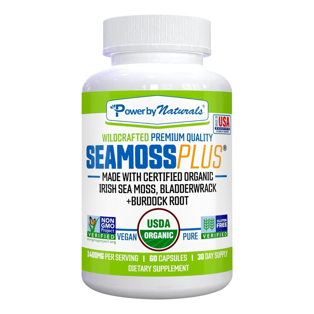 Power By Naturals SeaMoss Plus - USDA Capsules bio de mousse de mer irlandaise avec/sauvage Harvested Irish Seamoss, Bladderwrack & Burdock Root Immunity Supplement Sea Moss Pills for Adult 60Ct - 1 Pack