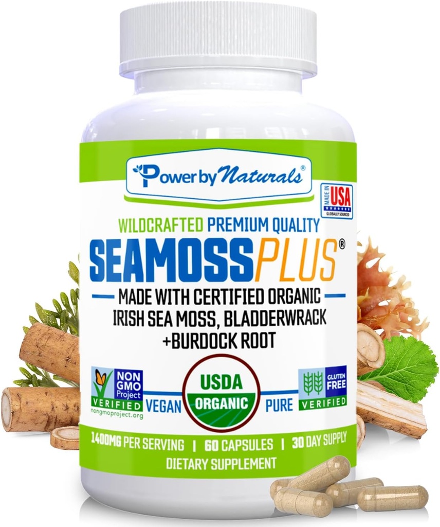 Power By Naturals SeaMoss Plus - USDA Capsules bio de mousse de mer irlandaise avec/sauvage Harvested Irish Seamoss, Bladderwrack & Burdock Root Immunity Supplement Sea Moss Pills for Adult 60Ct - 1 Pack