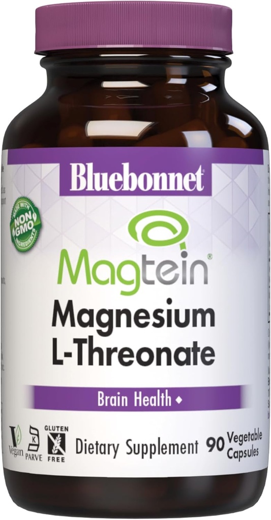 Bluebonnet Nutrition Magtéin Magnésium L-Thréonate, Santé du cerveau*, Non-OGM, Vegan, Casher certifié, sans gluten, sans soja, 90 capsules végétales, 30 portions