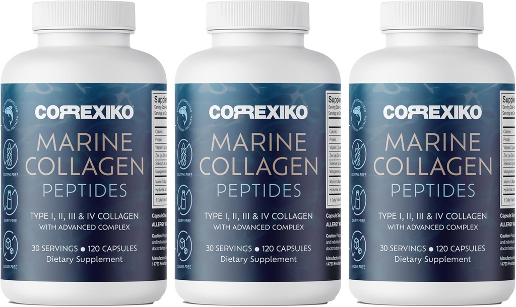Pilules de supplément de collagène marin CORREXIKO - 1800mg Peptides de collagène hydrolysés par portion avec l'acide hyaluronique ajouté, vitamine C et minéraux - pour cheveux, peau et ongles - 360 capsules 3 mois d'approvisionnement
