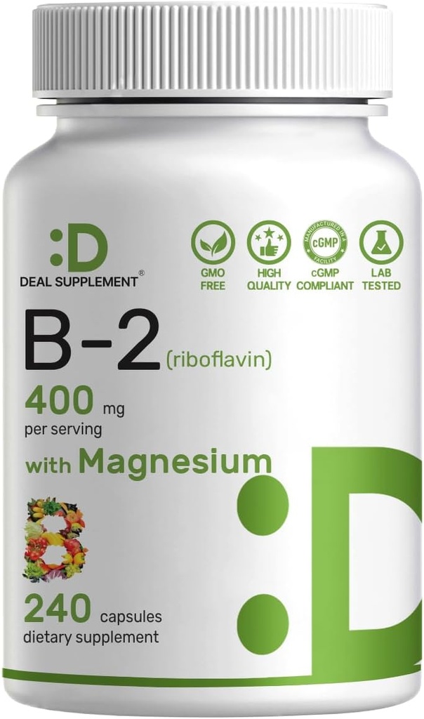 SUPPLÉMENT DE LA DÉAL Vitamine B2 400mg (Riboflavine) Avec du Glycinat de magnésium 400mg, 240 Capsules – 2 en 1 Soutenir le système nerveux sain, l'humeur, la production de sang et d'énergie, non-OGM