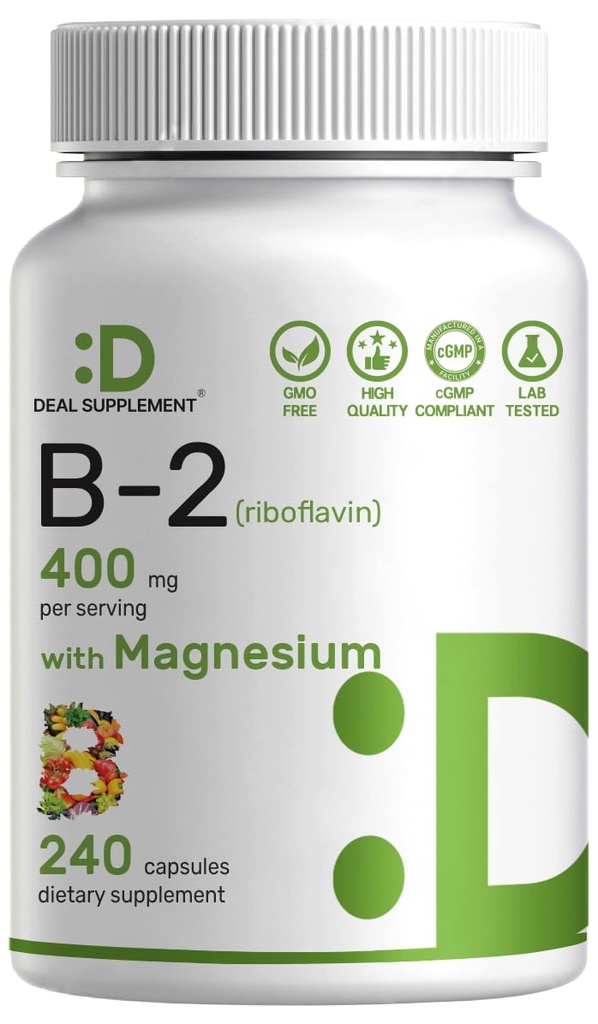 SUPPLÉMENT DE LA DÉAL Vitamine B2 400mg (Riboflavine) Avec du Glycinat de magnésium 400mg, 240 Capsules – 2 en 1 Soutenir le système nerveux sain, l'humeur, la production de sang et d'énergie, non-OGM