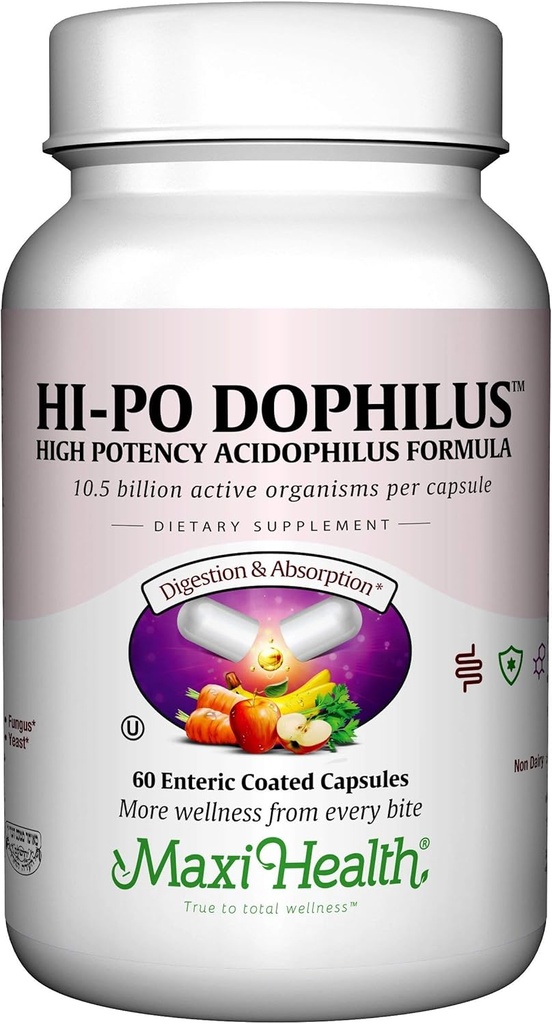 Maxi Health HI-PO Dophilus - High Potency Acidophilus Probiotics - 60 Capsules - Kosher