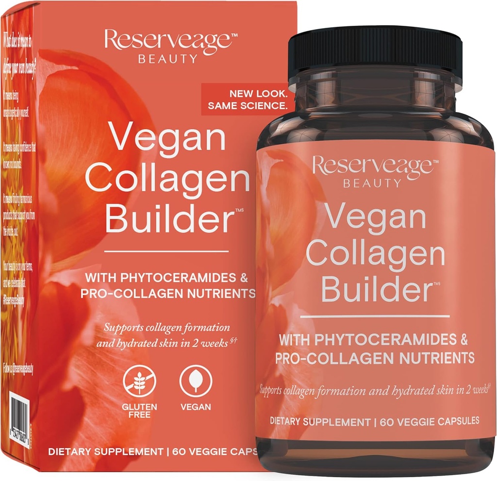 Reservation Beauty Vegan Collagen Builder - Booster de collagène à base de plantes pour la peau gluante - Supplément de vitamine C pour la peau hydratée - Sans gluten - 60 capsules de légumes (30 portions)