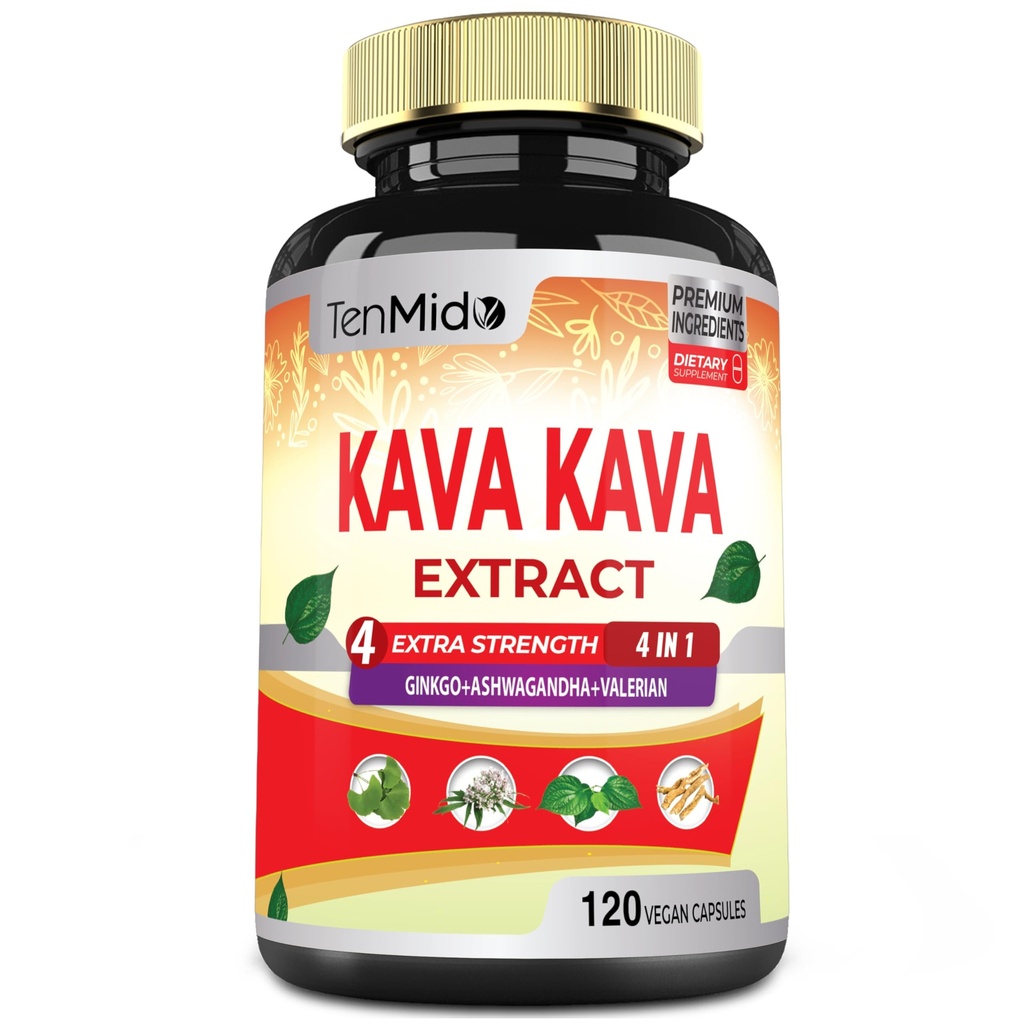Kava Kava extraction capsules, 4 mois d'approvisionnement avec Ginkgo, Ashwagandha, Valerian- Relaxation soutient le supplément- 120 capsules végétaliennes