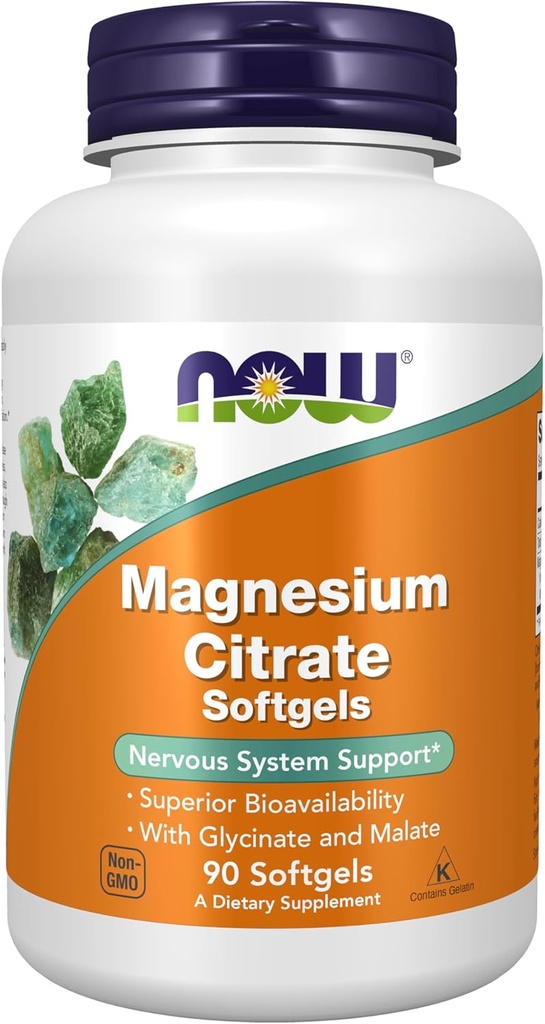 MAINTENANT Compléments alimentaires, Citrate de magnésium, avec Glycinate et Malate, Support du système nerveux*, 90 Softgels