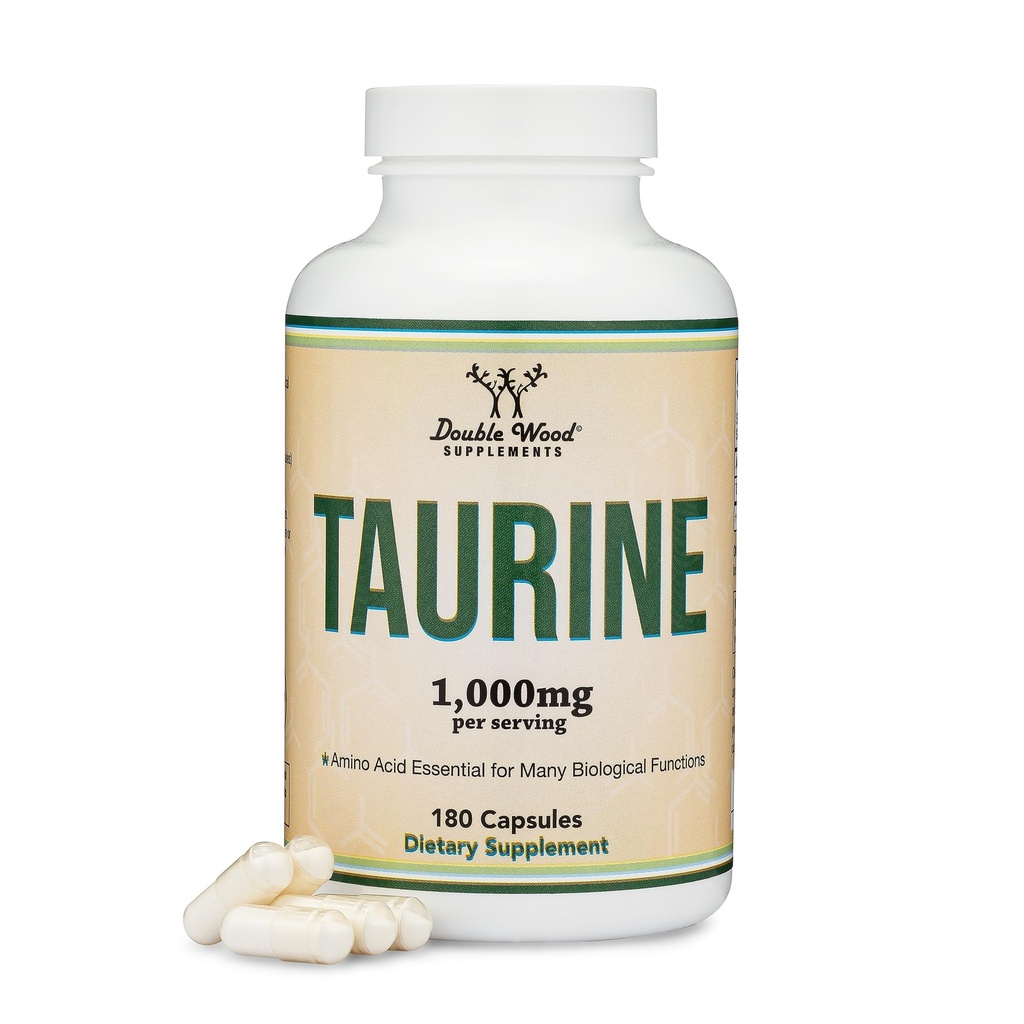 Supplément Taurine 1000mg par portion, 180 Capsules - Acid Amino étudié pour soutenir une vie plus longue et plus saine (Taurina) Vegan Safe, sans gluten, non-OGM par Double Wood