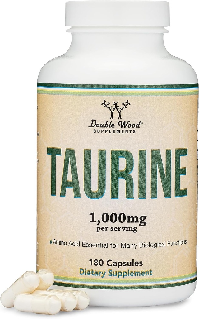 Supplément Taurine 1000mg par portion, 180 Capsules - Acid Amino étudié pour soutenir une vie plus longue et plus saine (Taurina) Vegan Safe, sans gluten, non-OGM par Double Wood