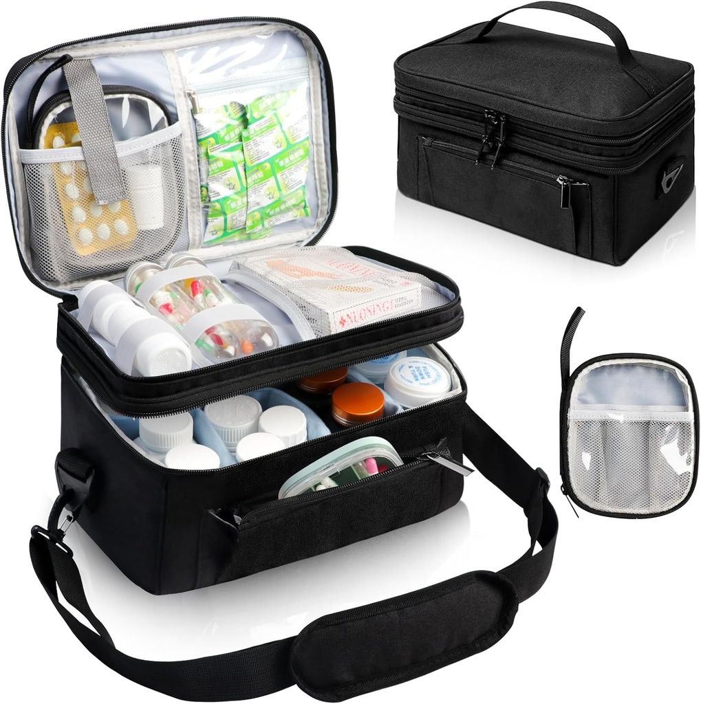 Sac de médecine pour voyager avec une petite poche portable, double couche de bouteille d'Organisateur de bouteille avec fermeture à glissière verrouillable, étui de voyage de médicaments avec sangle d'épaule (BAG SEULEMENT) Noir