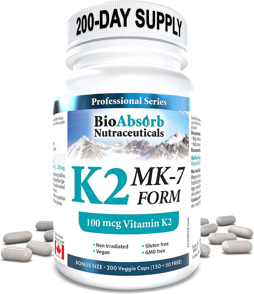 Bio Absorb Vitamine K2 MK-7 Supplément de formulaire. 100 mcg. 200 jours d'approvisionnement (200 capsules de Veggie).