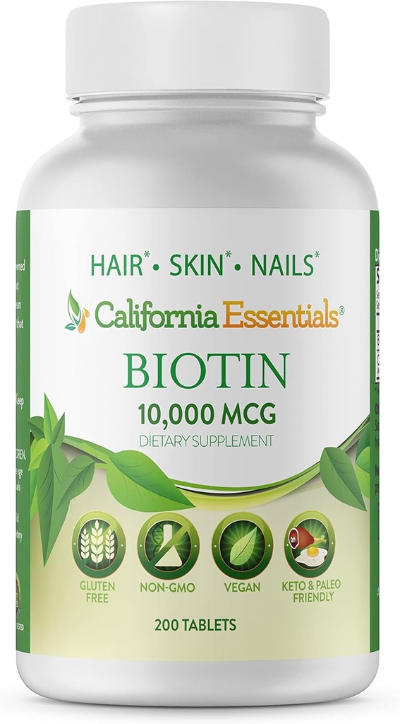 California Essentials Biotin 10000mcg (California Essentials Biotin 10000mcg) La vitamine B7 favorise la croissance saine de la peau, des cheveux et des ongles.