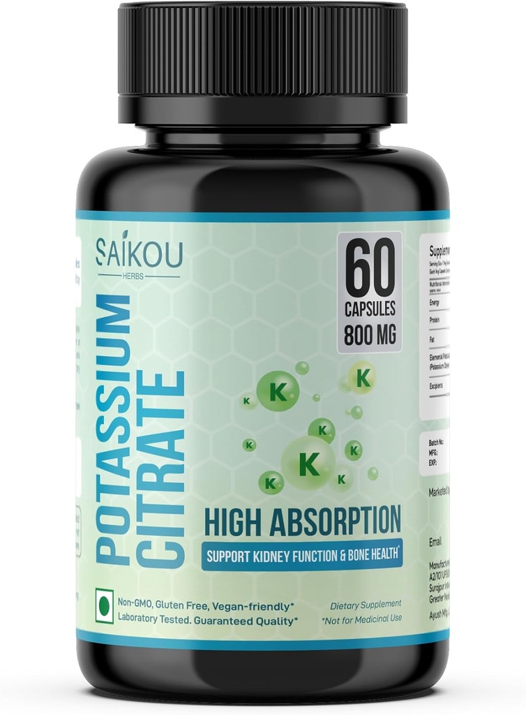 Citrate de potassium 800 mg Supplément de potassium à absorption élevée - 60 portions supportent l'équilibre électrolytique - pur et puissant